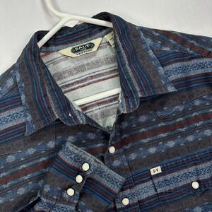 Salt Valley Western Shirt Mens Medium Blue Red Stripe‎ Aztec Pearl Snap Cotton